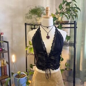 Black Lace Halter Tank Top Size Large Whimsi Goth Fairy Glam Preppy